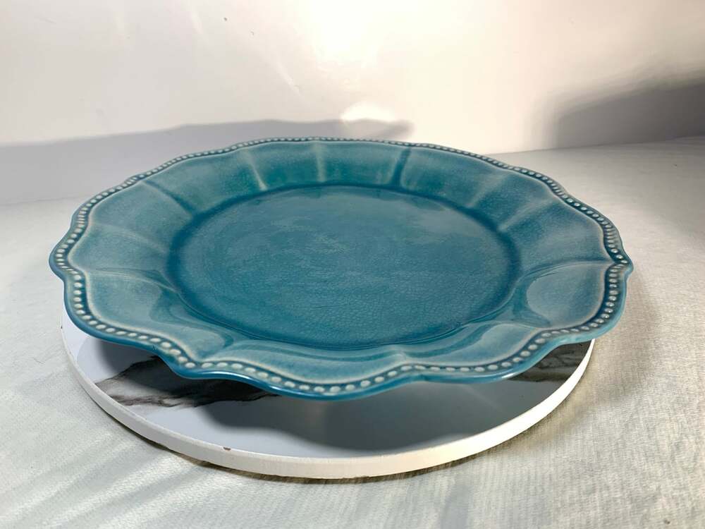 Pioneer Woman Paige Teal Blue Dinner Plate Scalloped, Beaded Edge 10 3/4"